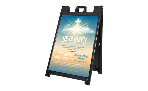 Black Signicade A-frame sign used for community event and church service advertising.