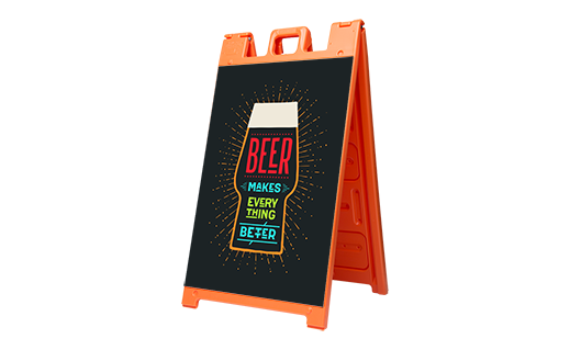 Custom printed orange A-frame sign for outdoor business promotion.