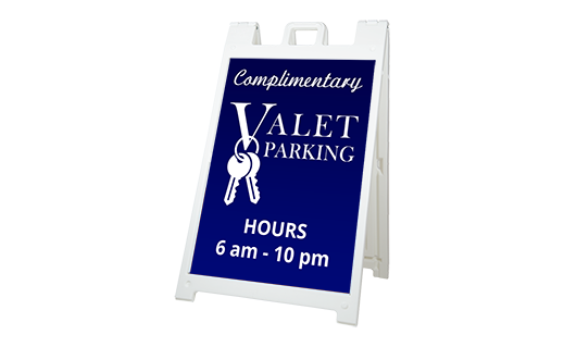 White A-frame valet parking sign with custom printed graphic insert.
