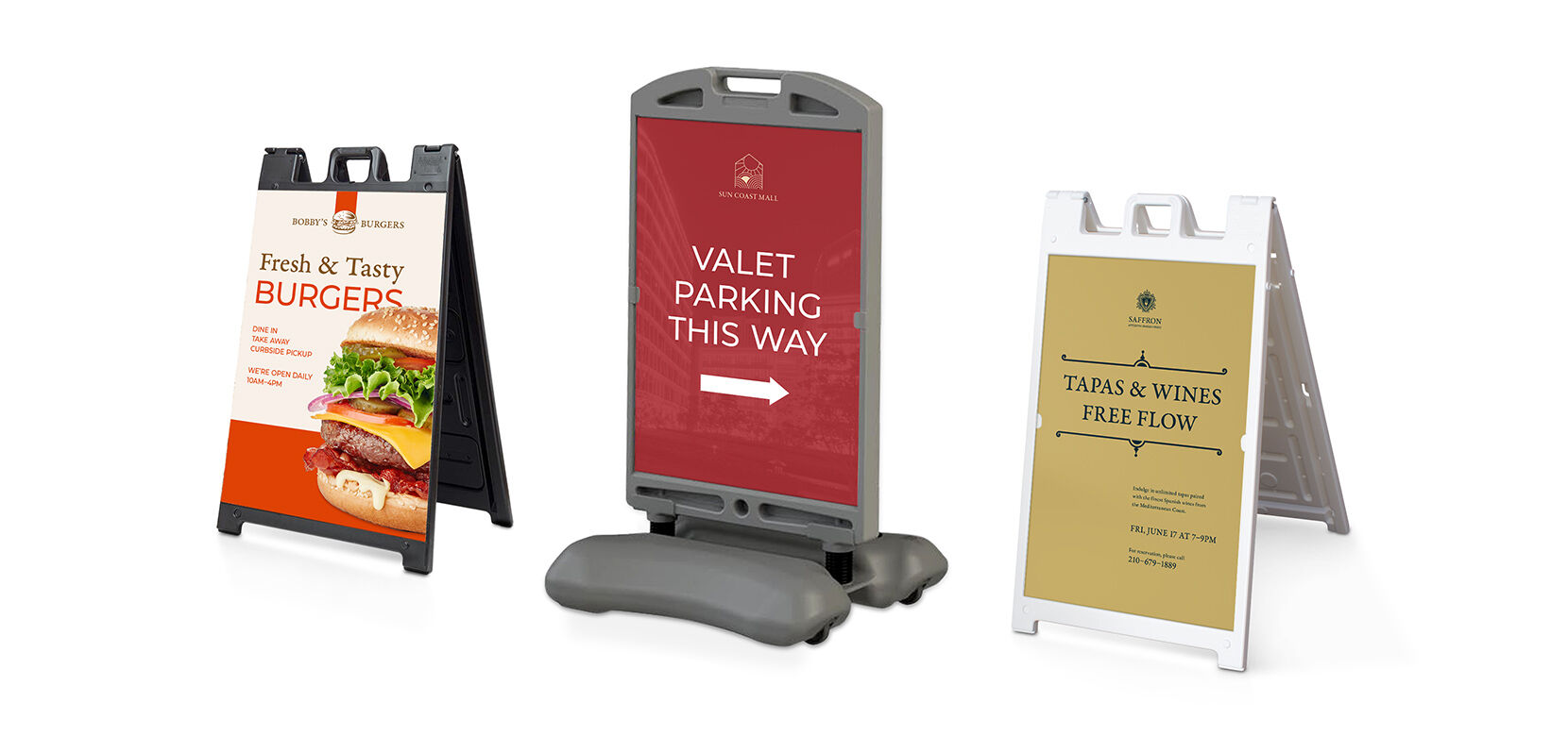 A variety of plastic sidewalk A-frame signs with custom business graphics.