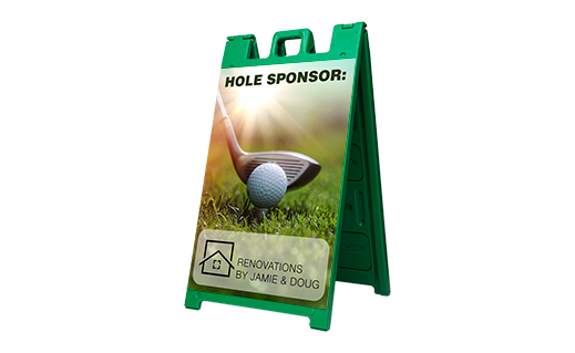Green A-frame sign with a custom golf tournament hole sponsor graphic.