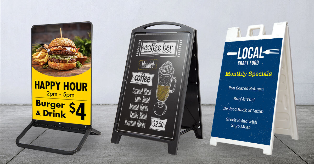 Three custom A-frame restaurant sidewalk signs.