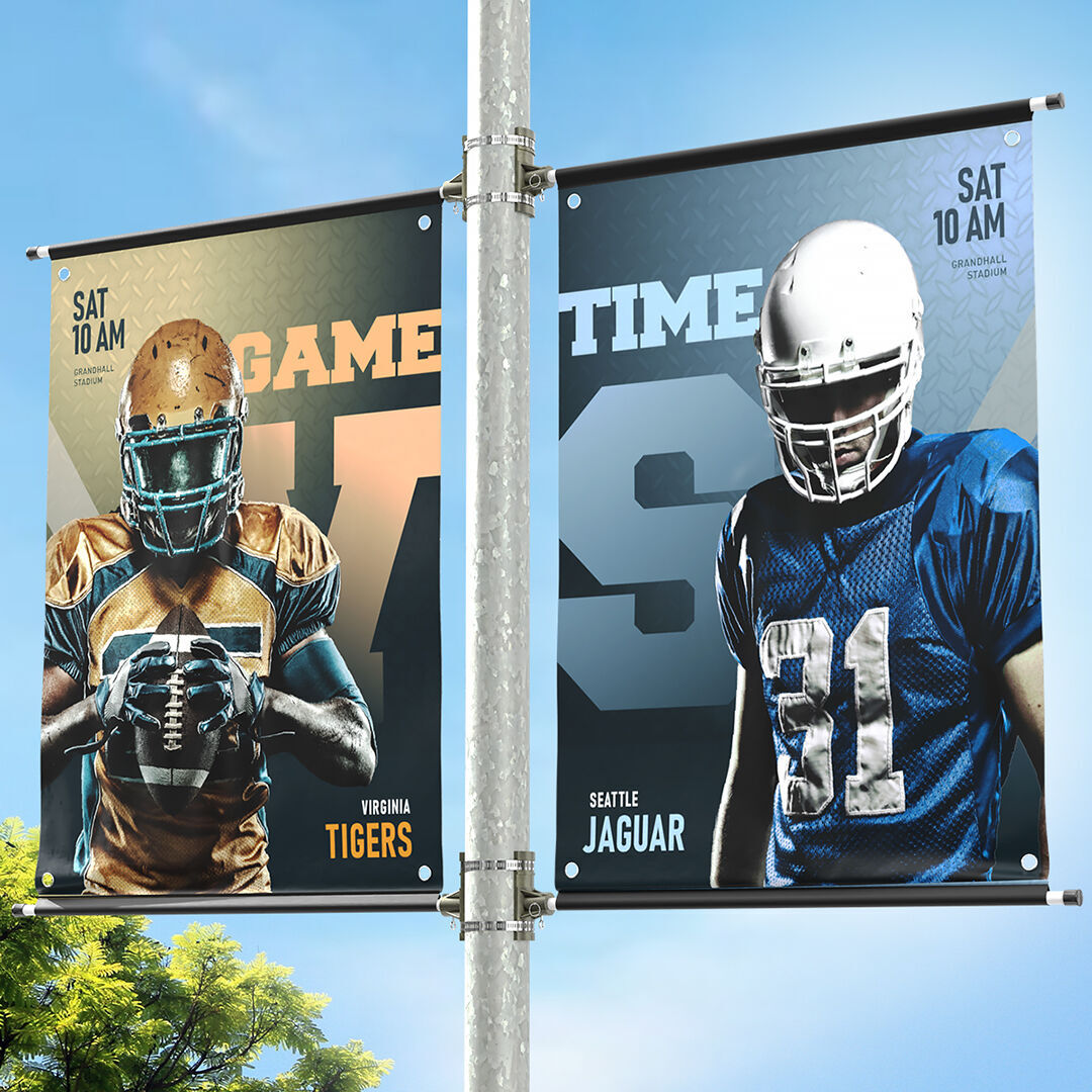 Sports-themed pole banners featuring football players and game information