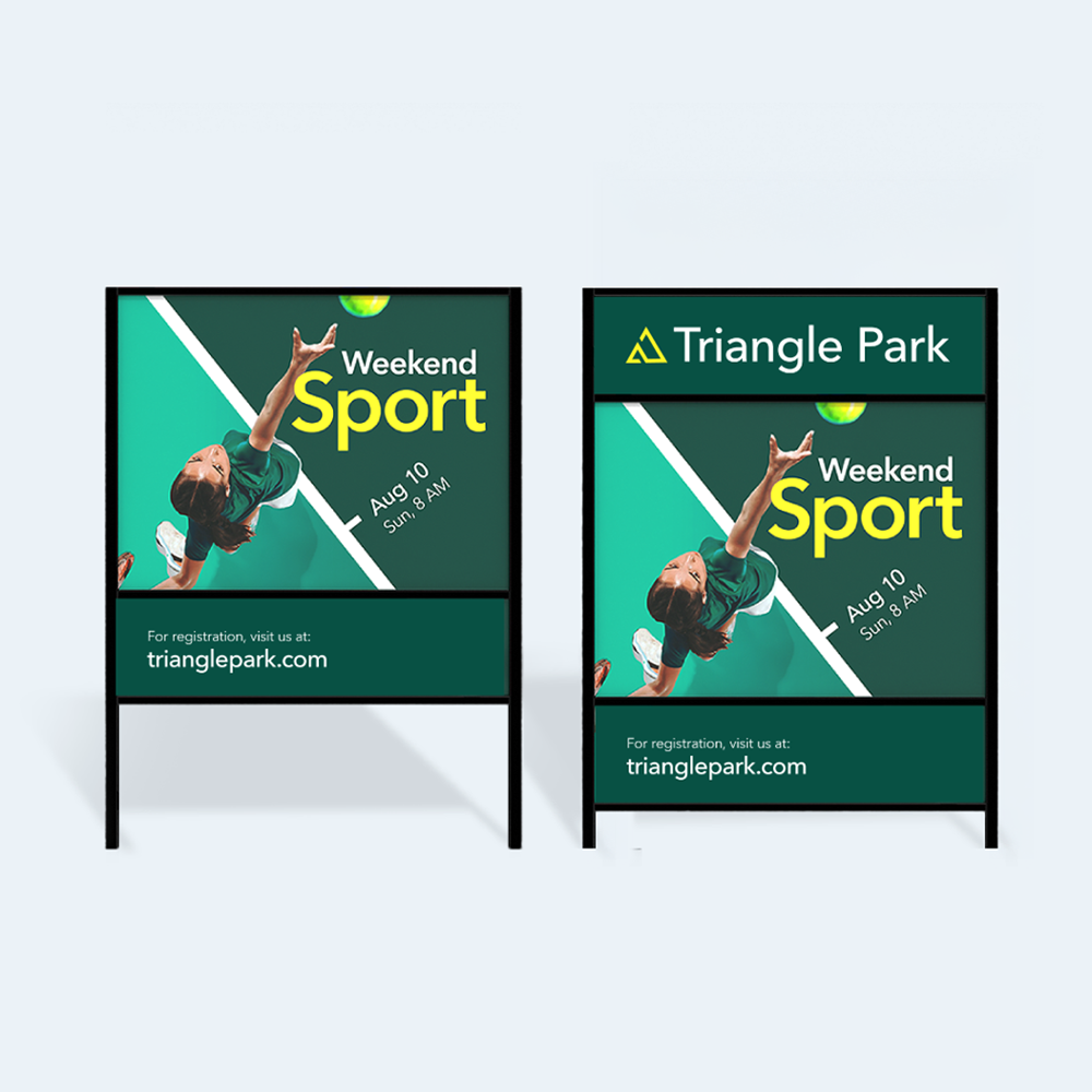 Two promotional yard signs for a Weekend Sport event displayed side by side