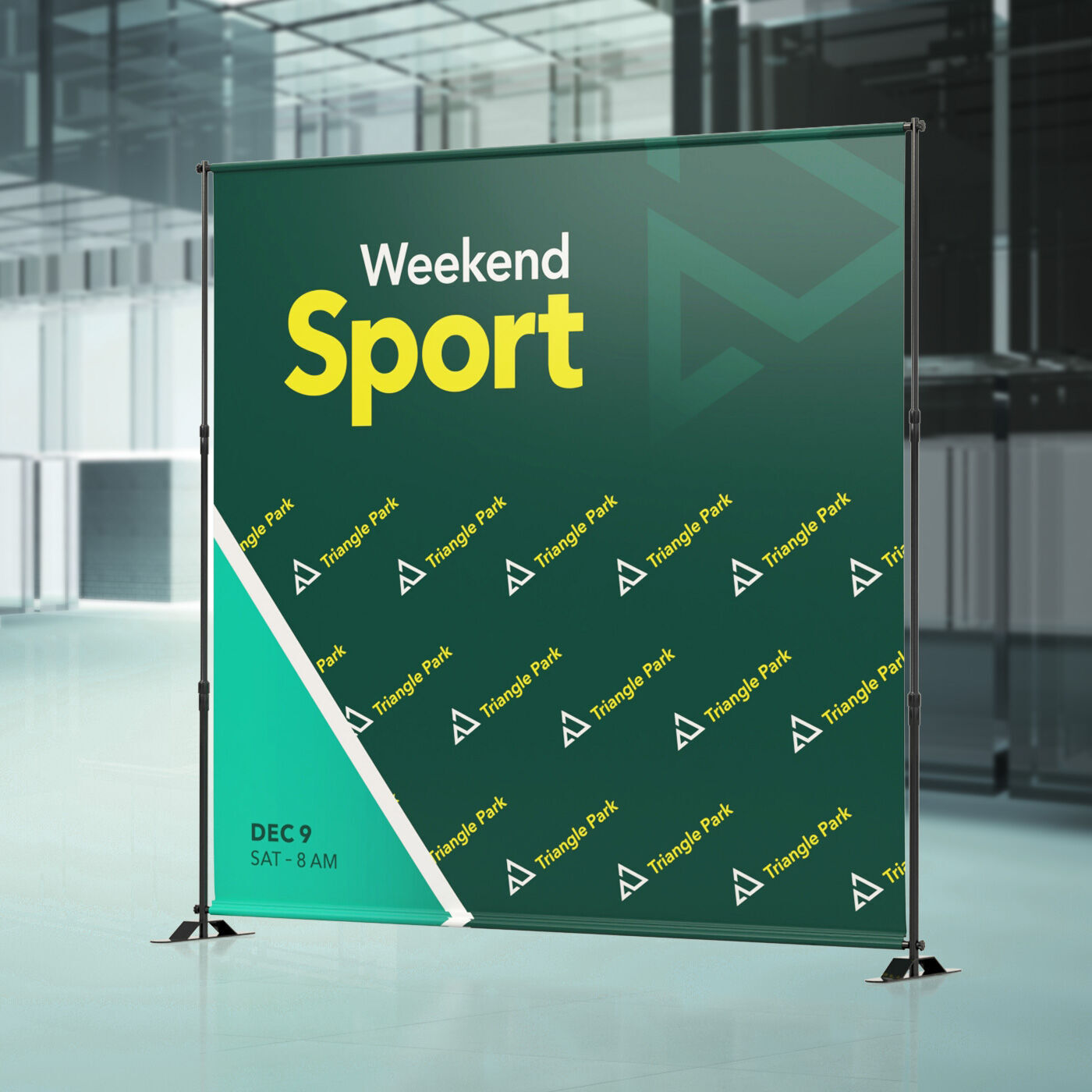 Step-and-repeat banner stand promoting a Weekend Sport event