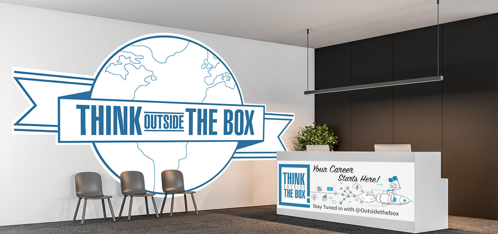 Large blue and white adhesive wall decal in a contemporary office waiting area.